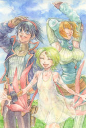 1boy 2girls bad_id bad_pixiv_id blonde_hair blush breath_of_fire breath_of_fire_v detached_sleeves dress closed_eyes facial_mark forehead_mark highres hood lin lin_(breath_of_fire) lira_mist multiple_girls nina_(breath_of_fire_v) open_mouth orange_hair panties red_wings see-through_clothes short_hair smile spoilers underwear wings