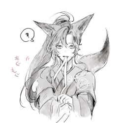 1boy ? ahoge animal_ears chinese_clothes eyelashes fox_boy fox_ears fox_tail greyscale hanfu highres holding holding_ribbon implied_yaoi kemonomimi_mode long_hair long_sleeves looking_at_viewer male_focus modao_zushi monochrome mouth_hold ojisan_rbt parted_bangs ponytail ribbon ribbon_in_mouth robe sidelocks simple_background sketch solo speech_bubble spoken_question_mark tail twitter_username upper_body watermark wei_wuxian white_background wide_sleeves