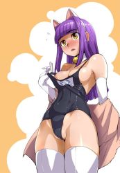 1girl animal_ears bell blush borrowed_character breasts cat_ears cat_girl cleavage cleft_of_venus clothes_pull collar dark-skinned_female dark_skin ear_blush elbow_gloves ez6 female_focus flying_sweatdrops gloves hime_cut large_breasts long_hair nanashi_(bunny) neck_bell off_shoulder one-piece_swimsuit one-piece_swimsuit_pull open_clothes open_mouth open_shirt orange_background original partially_visible_vulva purple_hair school_swimsuit shirt sideboob simple_background solo swimsuit swimsuit_under_clothes thighhighs undersized_clothes white_gloves white_thighhighs yellow_eyes