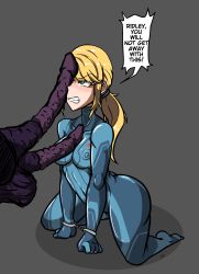 Rule 34 | 1boy, 1girl, absurdres, angry, blonde hair, blue bodysuit, bodysuit, breasts, clenched teeth, collarbone, covered erect nipples, covered navel, cuffs, english text, erection, extra penises, forced, full body, green eyes, grey background, hair tie, half-closed eyes, handcuffs, highres, impossible bodysuit, impossible clothes, kneeling, long hair, looking at another, medium breasts, metroid, metroid: samus returns, molestation, nintendo, no shoes, out of frame, penis, penis on face, penis on upper body, perky breasts, ponytail, puffy nipples, ribs, ridley, samus aran, shadow, sidelocks, signature, simple background, skin tight, slave, solo focus, speech bubble, swept bangs, teeth, testicles, thick thighs, thighs, turtleneck, uncensored, v-shaped eyebrows, verymediocre, xenophilia, zero suit
