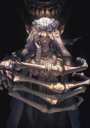 1girl black_background blue_eyes braid cracked_skin doll_joints elden_ring elden_ring_nightreign facing_viewer flower_wreath hand_on_own_cheek hand_on_own_face head_wreath highres joints looking_at_viewer low_twin_braids neg_(101neg) revenant_(elden_ring) skeleton twin_braids upper_body veil white_veil wide_sleeves