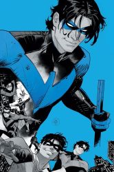 1boy artist_name batman_(series) black_bodysuit black_hair blue_background bodysuit building commentary dan_mora dc_comics dick_grayson domino_mask english_commentary gloves highres holding holding_weapon male_focus mask nightwing official_art robin_(dc) smile weapon