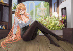 1girl azur_lane black_choker black_pantyhose black_skirt breasts chinese_commentary choker cleavage commentary_request diaoao_bugaoxing flower fountain full_body glasses green_flower green_rose hair_between_eyes high-waist_skirt highres implacable_(azur_lane) implacable_(shepherd_of_the_&quot;lost&quot;)_(azur_lane) indoors large_breasts long_hair long_hair_between_eyes long_sleeves looking_at_viewer manjuu_(azur_lane) office_lady official_alternate_costume pantyhose partially_unbuttoned pencil_skirt plant potted_plant red_eyes rose round_eyewear shirt shirt_tucked_in skirt solo very_long_hair white_shirt wooden_floor