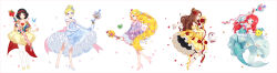 5girls absurdres adapted_costume ankle_ribbon ariel_(disney) armor beauty_and_the_beast_(disney) belle_(disney) bird black_hair blonde_hair blue_eyes bow braid bridal_gauntlets brown_eyes brown_hair bubble_skirt cape chameleon chip_potts choker cinderella_(disney_character) cinderella_(disney_movie) commentary disney disney_princess earrings elbow_gloves fish flounder_(the_little_mermaid) flower flower_braid gem glass_slipper gloves green_eyes hair_bow hair_bun hair_flower hair_ornament hair_ribbon hairband hakusai_(tiahszld) high_collar high_heels highres jewelry leg_ribbon lineup long_hair looking_at_viewer magical_girl mermaid monster_girl mother_and_son mrs._potts multiple_girls nail_polish objectification open_mouth pantyhose parted_lips pascal_(tangled) pauldrons pearl_(gemstone) petals puffy_short_sleeves puffy_sleeves rapunzel_(disney) red_flower red_hair red_rose ribbon rose rose_petals shell shell_earrings short_hair short_sleeves shoulder_armor simple_background single_hair_bun skirt smile smirk snow_white_(disney) snow_white_and_the_seven_dwarfs_(disney) sparkle staff star_(symbol) starfish starfish_hair_ornament tangled the_little_mermaid_(disney) very_long_hair white_background white_pantyhose