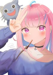 Rule 34 | 1girl, absurdres, ahoge, anchor symbol, arms up, blue shirt, blush, bob cut, choker, collarbone, colored inner hair, food, food in mouth, hair ribbon, highres, hololive, inuyama tsuki 215, looking at viewer, minato aqua, multicolored hair, neko (minato aqua), pink hair, pocky, pocky in mouth, purple eyes, ribbon, shirt, short hair, solo, streaked hair, two-tone hair, v, virtual youtuber, white background