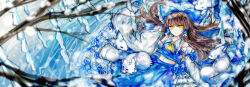 Rule 34 | 1girl, alternate color, animalization, ascot, blue bow, blue skirt, bow, brown hair, commentary, detached sleeves, fox, frilled bow, frilled hair tubes, frills, hagoromo, hair bow, hair tubes, hakurei reimu, hakurei reimu (fox), highres, long hair, looking at viewer, lying, navel, on back, person and animalization, player 2, sanuo, shawl, skirt, skirt set, solo, touhou, white fur, yellow ascot, yellow eyes
