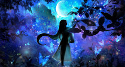 00 1girl backlighting blue_theme branch bug butterfly crescent_moon dark female_focus highres insect japanese_clothes kimono leaf light_particles long_hair moon nature original profile scenery see-through_silhouette silhouette solo