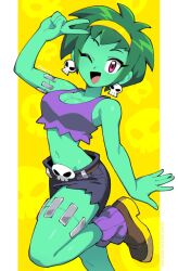 1girl 333_(dqqqdle) breasts brown_shoes cleavage colored_skin crop_top earrings green_hair green_skin hairband jewelry loose_socks navel one_eye_closed open_mouth purple_socks red_eyes rottytops shantae_(series) shoes short_hair shorts skull_belt skull_earrings smile socks solo stitches tank_top torn_clothes torn_shorts torn_tank_top v yellow_hairband zombie