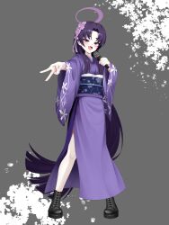 1girl alternate_costume alternate_hairstyle black_boots blue_archive blunt_ends blush boots fang floral_print floral_print_kimono flower gyaru_v hair_flower hair_ornament highres holding holding_microphone japanese_clothes kimono kuinanoda long_hair looking_at_viewer microphone open_mouth parted_bangs print_kimono purple_eyes purple_flower purple_hair purple_kimono purple_sash sash skin_fang solo v yukari_(blue_archive)