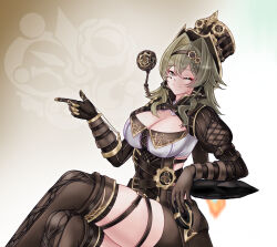 1girl ;) absurdres boots breasts brown_boots brown_corset brown_gloves brown_shorts cleavage commentary corset crossed_legs english_commentary gloves hair_intakes hat highres honkai_(series) honkai_impact_3rd large_breasts looking_at_viewer mea_(manami030) medium_hair one_eye_closed shorts signet_of_helix smile solo thighs top_hat vill-v