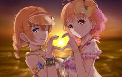 2girls ;q ahoge backlighting bikini blue_eyes blurry blurry_background bow braid breasts closed_mouth ear_piercing hair_bow hand_up heart heart_hands heart_hands_duo kosaka_honoka looking_at_viewer love_live! love_live!_school_idol_festival_all_stars love_live!_school_idol_project love_live!_sunshine!! multiple_girls nail_polish ocean one_eye_closed orange_hair outdoors piercing red_eyes short_hair side_braid smile sunset swimsuit takami_chika takami_chika_(a_chika-tastic_summer) tongue tongue_out upper_body visor_cap yanase_eiwa