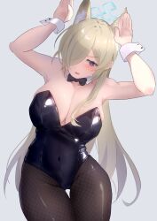 1girl absurdres animal_ear_hairband animal_ears black_bow black_bowtie black_leotard black_pantyhose blue_archive blue_halo bow bowtie breasts cleavage covered_navel detached_collar dog_ears fake_animal_ears fishnet_pantyhose fishnets gluteal_fold grey_background hairband halo highres kanna_(blue_archive) large_breasts leotard nontraditional_playboy_bunny pantyhose rabbit_pose rabbit_tail sharp_teeth simple_background solo strapless strapless_leotard tail teeth thigh_gap wrist_cuffs y3_(user_heyx5852)