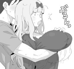 1boy 1girl afterimage arm_under_breasts bow breast_lift breasts commentary_request faceless faceless_male from_side fujiwara_chika grabbing_another&#039;s_breast grabbing_from_behind groping hair_bow henyaan_(oreizm) hetero highres hug hug_from_behind kaguya-sama_wa_kokurasetai_~tensai-tachi_no_renai_zunousen~ large_breasts long_hair long_sleeves monochrome no_bra open_mouth raised_eyebrows short_sleeves surprised sweat