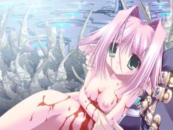 00s 1boy 1girl blood breasts fel game_cg hyaweh nipples nude oono_tetsuya pink_hair pointy_ears prism_ark sad