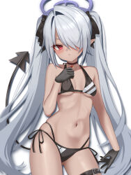Rule 34 | 1girl, bikini, black bikini, black choker, black gloves, blue archive, breasts, choker, dark-skinned female, dark skin, demon tail, gloves, grey eyes, grey hair, hair over one eye, halo, highres, iori (blue archive), iori (swimsuit) (blue archive), long hair, multi-strapped bikini bottom, official alternate costume, pointy ears, purple halo, red eyes, side-tie bikini bottom, simple background, small breasts, soen bisma, solo, string bikini, swimsuit, tail, thigh strap, twintails, white background