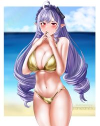 1girl ahoge beach bikini black_bow black_nails blue_sky blush border bow breasts cleavage closed_mouth cloud cloudy_sky collarbone curly_bangs curly_hair elf eyebrows_hidden_by_hair gold_bikini golden_week hair_bow hand_on_own_hip highres izani_tsu large_breasts long_hair looking_at_viewer mole mole_under_eye navel ocean outside_border own_hands_together pointy_ears purple_hair red_eyes sky smile solo standing swimsuit thighs very_long_hair vivian_banshee white_border zenless_zone_zero