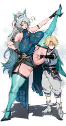 1boy 1girl age_difference ahoge animal_ears armlet aventurine_(honkai:_star_rail) b.sa_(bbbs) bare_shoulders black_gloves blonde_hair blush breasts fingerless_gloves garter_straps gloves grey_hair hetero high_heels highres honkai:_star_rail honkai_(series) huge_breasts jewelry leg_up long_hair makeup onee-shota ponytail shorts sleeveless smile split standing standing_on_one_leg standing_split tall_female teeth thick_thighs thighhighs thighs very_long_hair yanqing_(honkai:_star_rail)