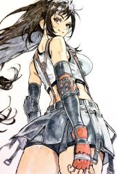 1girl absurdres bare_shoulders bike_shorts bike_shorts_under_skirt black_hair black_shorts black_skirt breasts colored_pencil_(medium) crop_top earrings final_fantasy final_fantasy_vii fingerless_gloves from_behind gloves highres i4teruz jewelry long_hair looking_back midriff miniskirt red_gloves shorts simple_background skirt smile solo standing stud_earrings suspender_skirt suspenders tank_top tifa_lockhart traditional_media white_background