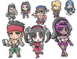 3girls 5boys armor armored_gloves arms_up bahn black_eyes black_hair blonde_hair breasts brown_eyes brown_hair bukkake chibi cleavage clenched_hands cum dark-skinned_female dark_skin dress earrings fang fighting_vipers gloves goggles goggles_on_head grace_(fighting_vipers) guitar hairband hand_on_own_hip hat hat_over_eyes headband helmet hidden_eyes honey_(fighting_vipers) instrument jacket jane_(fighting_vipers) jewelry kneeling lipstick long_hair makeup multiple_boys multiple_girls open_mouth picky_(fighting_vipers) ponytail raxel_(fighting_vipers) red_dress red_eyes roller_skates sanman_(fighting_vipers) sega short_hair simple_background skateboard skates thick_lips tokio_(fighting_vipers) toothpick toz123456 twintails white_background