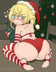 1girl alatir alcohol annoyed artist_name ass ass_focus blonde_hair blue_eyes blush bottle bra closed_mouth confused drunk elbow_gloves female_focus fingerless_gloves from_behind from_below full_body gloves half-closed_eye highres holding holding_bottle huge_ass indoors kyojiri_loli leaning_forward loli looking_at_viewer looking_back medium_hair panties ponytail red_bra red_gloves red_panties red_thighhighs sitting solo stirrup_legwear striped_clothes striped_gloves striped_thighhighs tanya_degurechaff thighhighs toeless_legwear two-tone_gloves two-tone_thighhighs underwear wariza white_gloves white_thighhighs wine youjo_senki