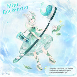 Rule 34 | 1girl, aqua eyes, artist request, bag, blue sky, blunt bangs, cloud, commentary, cone hair bun, copyright name, dot nose, double bun, dress, earrings, english commentary, english text, eyelashes, flower, footwear flower, full body, gem, green dress, green gemstone, green hair, green sandals, hair bun, holding, holding toothbrush, jewelry, leaf, light particles, lipstick, logo, lolita fashion, looking at viewer, makeup, medium dress, miracle nikki, multicolored hair, necklace, nikki (series), off-shoulder dress, off shoulder, official art, oversized object, parted lips, petticoat, pink lips, platform sandals, sandals, second-party source, short hair, short sleeves, shoulder bag, sky, smile, solo, sparkle, streaked hair, tooth, toothbrush, toothpaste, two-tone hair, updo, white flower, white hair