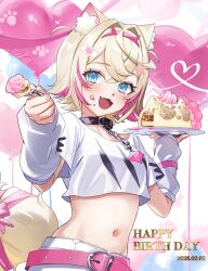1girl :3 :d absurdres animal_collar animal_ears arm_warmers balloon bandaid bandaid_hair_ornament belt black_collar blonde_hair blue_eyes breasts cake collar commentary cropped_shirt crossed_bangs dog_ears dog_girl dog_tail double-parted_bangs english_commentary fang food food_on_face fork hair_between_eyes hair_intakes hair_ornament hairband happy_birthday headphones headphones_around_neck heart_balloon highres holding holding_cake holding_food holding_fork holding_plate hololive hololive_english horn_hairband looking_at_viewer midriff mococo_abyssgard mococo_abyssgard_(1st_costume) multicolored_hair nail_polish navel open_mouth pink_belt pink_hair pink_hairband pink_nails plate ruffian_(fuwamoco) shirt short_hair shorts skin_fang small_breasts smile solo spiked_collar spikes streaked_hair t-shirt tail two_side_up virtual_youtuber white_shirt white_shorts x_hair_ornament yomosaka