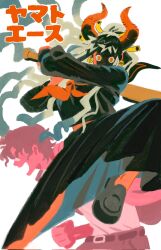 Rule 34 | 1boy, 1girl, baseball bat, black hair, character name, clenched hand, curled horns, delinquent, earrings, freckles, hair ornament, hair stick, highres, holding, holding baseball bat, hoop earrings, horns, jewelry, long hair, long skirt, looking at viewer, one piece, open mouth, orange eyes, ponytail, portgas d. ace, red horns, school uniform, shaded face, shirt, short hair, skirt, smile, sukeban, swinging weapon, white background, white hair, white shirt, x xinnnnnn, yamato (one piece)