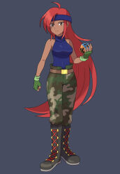 1girl asatsuki_(fgfff) bare_shoulders blue_headband blue_shirt boots brown_eyes camouflage camouflage_pants closed_mouth cube custom_robo custom_robo_v2 dark-skinned_female dark_skin fingerless_gloves frown full_body gloves green_gloves headband highres long_hair looking_at_viewer nanase_(custom_robo) pants red_hair shirt sleeveless sleeveless_shirt solo standing very_long_hair