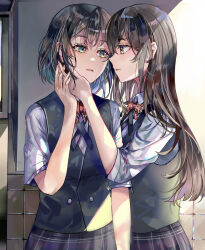 2girls black_hair black_skirt black_vest blue_hair blue_shirt bow bowtie collared_shirt colored_inner_hair commentary_request cross_tie day eye_contact hand_on_another&#039;s_chin highres holding_hands indoors long_hair long_sleeves looking_at_another multicolored_eyes multicolored_hair multiple_girls original parted_lips plaid_bow plaid_bowtie plaid_clothes plaid_skirt pleated_skirt po!son red_bow red_bowtie school_uniform shirt short_hair short_sleeves skirt sleeves_rolled_up standing straight_hair sunlight tile_wall tiles upper_body vest waistcoat wispy_bangs yuri