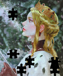 Rule 34 | 1girl, absurdres, blonde hair, brown gloves, commentary, crown, earrings, english commentary, from side, gloves, highres, jewelry, long hair, original, puzzle, red eyes, snow, solo, vijoux