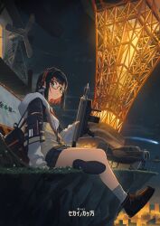 Rule 34 | 1girl, absurdres, aircraft, airplane, arm cutout, arm pouch, arm support, backpack, bag, bare legs, black bag, black hair, black jacket, black shoes, black skirt, blunt bangs, blush, bob cut, breasts, brown jacket, building, cliff, cloud, colored inner hair, commentary request, crossed legs, floating, floating object, flower, grappling gun, grass, grey eyes, gun, headphones, highres, holding, holding gun, holding weapon, hood, hood down, hooded sweater, hz (helu 2), jacket, looking at viewer, looking to the side, miniskirt, multicolored hair, multicolored jacket, night, night sky, on ground, orange hair, original, outdoors, parted lips, partially unzipped, pleated skirt, raised eyebrows, shoe soles, shoes, shooting star, short hair, sidelocks, sideways glance, sign, sitting, skirt, sky, sleeves past wrists, small breasts, sneakers, socks, solo, star (sky), sweater, three-quarter sleeves, translation request, upside-down building, weapon, white flower, white socks, white sweater, windmill