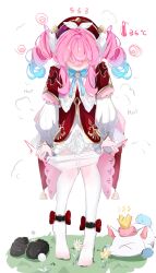 1girl absurdres aqua_bow aqua_bowtie aqua_hair black_shoes blush bow bowtie clothes_pull commentary_request dress drill_hair full-face_blush hat highres honkai:_star_rail honkai_(series) hyacine_(honkai:_star_rail) little_ica_(honkai:_star_rail) multicolored_hair pantyhose pantyhose_pull pink_hair pulling_own_clothes red_dress red_hat shoes simple_background solo temperature twin_drills two-tone_hair undressing unworn_shoes voi_271 white_background white_pantyhose x_x