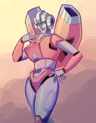 1girl absurdres arcee autobot backpack bag breasts helmet highres humanoid_robot medium_breasts metal_skin pink_lips robot robot_girl shenani solo thighs transformers