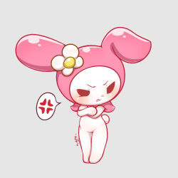 1girl anger_vein animal_ears animal_nose annoyed asafiy black_eyes blush chibikemo commentary_request crossed_arms flower furry furry_female grey_background hair_flower hair_ornament highres my_melody onegai_my_melody open_mouth rabbit_ears rabbit_girl rabbit_tail sanrio simple_background solo speech_bubble spoken_anger_vein standing tail white_fur
