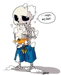 1boy animal annoying_dog bathing blue_shorts dog english_text grin holding holding_animal holding_dog hollow_eyes male_focus sakekuzu_no_ame sans_(undertale) shorts skeleton smile speech_bubble teeth undertale white_background