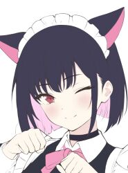 Rule 34 | 1girl, alternate costume, animal ears, apron, black choker, black dress, black hair, blue archive, blush, bow, bowtie, cat ears, choker, collared dress, colored inner hair, commentary request, contrast collar, dress, enmaided, highres, kazusa (blue archive), kurumi kororin, maid, maid apron, maid headdress, multicolored hair, one eye closed, paw pose, pink bow, pink bowtie, pink hair, red eyes, smile, solo, upper body, white background