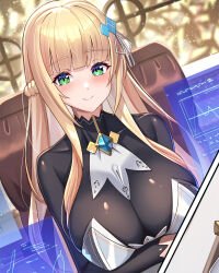 1girl arm_under_breasts atashi_wa_seikan_kokka_no_eiyuu_kishi! blonde_hair blunt_bangs blurry blurry_background blush bodysuit braid breasts brooch chair christiana_leta_roseblaire cleavage dress dutch_angle green_eyes hair_ornament half_up_braid half_updo highres holographic_monitor huge_breasts jewelry leaf long_hair long_sidelocks novel_illustration office_chair official_art second-party_source see-through_bodysuit see-through_clothes sidelocks smile solo strapless strapless_dress swivel_chair takamine_nadare upper_body window
