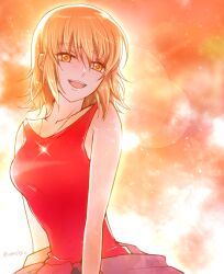 1girl :d artist_name bare_arms blonde_hair cagalli_yula_athha collarbone commentary_request gundam gundam_seed highres jewelry lens_flare looking_at_viewer medium_hair necklace open_mouth red_tank_top smile solo straight_hair tank_top twitter_username umelogic upper_body yellow_eyes
