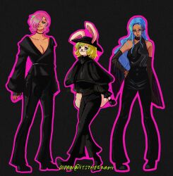 Rule 34 | 3girls, animal ears, black background, black pants, black shoes, blonde hair, blue hair, carrot (one piece), commentary, detached sleeves, english commentary, full body, hair over one eye, hand on own hip, highres, itstheenami, long hair, multiple girls, nefertari vivi, one piece, pants, pink hair, rabbit ears, shoes, short hair, simple background, tail, twitter username, vinsmoke reiju