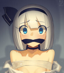 1girl bdsm black_bow black_choker black_hairband blue_eyes blunt_bangs blunt_ends bob_cut bondage bound bound_arms bow breasts cad_(caddo) choker cloth_gag commentary covered_erect_nipples gag gagged hair_bow hairband highres improvised_gag konpaku_youmu light_blush looking_at_viewer medium_hair portrait scared signature small_breasts solo tape tape_bondage touhou white_hair