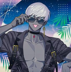 1boy :p abs adjusting_eyewear alternate_costume arm_up bare_pectorals black_choker black_nails black_shirt blue_eyes choker collarbone collared_shirt colored_skin commentary_request earrings fate/grand_order fate_(series) grey_hair grey_skin highres indra_(fate) jewelry male_focus nail_polish open_clothes open_shirt palm_leaf pectorals piercing print_shirt shirt short_hair single_earring sky solo sparkle star_(sky) starry_sky sunglasses swept_bangs toned toned_male tongue tongue_out ujiharu upper_body