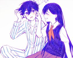 Rule 34 | 1boy, 1girl, bailan1130, blush, bright pupils, closed eyes, collarbone, collared shirt, colored skin, grin, hero (headspace) (omori), hero (omori), highres, long hair, long sleeves, looking at another, mari (headspace) (omori), mari (omori), neckerchief, omori, open mouth, pajamas, parted lips, pleated skirt, purple eyes, purple hair, red neckerchief, red skirt, shirt, short hair, short sleeves, simple background, sitting, skirt, smile, white background, white pupils, white shirt, white skin