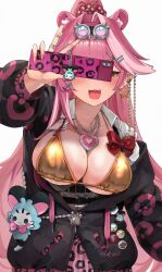 1girl animal_ears black_jacket blush bra breasts cellphone chattino_(raora_panthera) collarbone fang fingernails flip_phone hair_intakes highres holding holding_phone holding_with_gesture hololive hololive_english jacket large_breasts long_hair mochiyuki_(gigfor1) multicolored_hair nail_polish open_mouth panther_ears panther_girl phone pink_hair pink_nails pink_skirt raora_panthera simple_background skirt smile solo streaked_hair underwear v virtual_youtuber white_background yellow_bra yellow_eyes