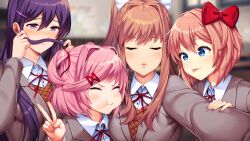 4girls :3 :t ^_^ averting_eyes blazer blue_eyes blurry blurry_background blush bow breasts brown_hair brown_sweater_vest button_gap classroom closed_eyes closed_mouth collared_shirt commentary cross-eyed doki_doki_literature_club doki_doki_literature_club_plus doki_doki_literature_club_school_uniform dot_nose double-parted_bangs dress_shirt embarrassed english_commentary eyebrows_hidden_by_hair fingernails furrowed_brow game_cg grey_jacket group_picture hair_bow hair_intakes hair_mustache hair_ornament hair_ribbon hairclip half-closed_eyes hand_on_another&#039;s_arm high_ponytail highres holding holding_another&#039;s_arm holding_own_hair impossible_clothes jacket large_bow large_breasts leaning_forward leaning_on_person long_eyelashes long_hair long_sidelocks long_sleeves looking_at_viewer lucidsky medium_breasts monika_(doki_doki_literature_club) multiple_girls natsuki_(doki_doki_literature_club) neck_ribbon non-web_source official_art outstretched_arm parted_bangs parted_hair pink_hair ponytail portrait puckered_lips puffy_cheeks purple_eyes purple_hair raised_eyebrows raised_inner_eyebrows red_bow red_ribbon ribbon satchely sayori_(doki_doki_literature_club) school school_uniform selfie shirt short_hair shy side-by-side sidelocks smile squchan sweater_vest swept_bangs thick_eyebrows tongue tongue_out two_side_up upper_body v v-neck v-shaped_eyebrows wavy_hair white_bow white_shirt wide-eyed wing_collar x_hair_ornament yuri_(doki_doki_literature_club)