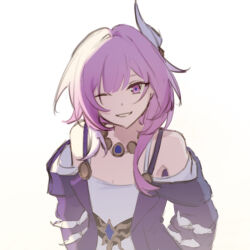 1girl ;) bare_shoulders breasts chinese_commentary chuyue67223 cleavage coat commentary_request cyrene_(honkai:_star_rail) dress hair_ornament highres honkai:_star_rail honkai_(series) jewelry medium_hair multicolored_hair necklace one_eye_closed pink_eyes pink_hair purple_coat simple_background small_breasts smile solo two-tone_hair white_background white_dress white_hair