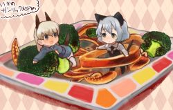 2girls :d :o animal_ears argyle_background argyle_clothes black_legwear blonde_hair blue_eyes blush broccoli cat_ears cat_tail chibi eila_ilmatar_juutilainen food fox_ears fox_tail green_eyes ika_(hinatu1992) in_food long_hair long_sleeves looking_at_another military military_uniform mini_person minigirl multiple_girls necktie onion_rings open_mouth pantyhose plate sanya_v._litvyak short_hair silver_hair smile strike_witches tail translation_request world_witches_series