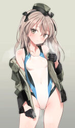 Rule 34 | 1girl, black gloves, black hairband, blush, brown eyes, brown hair, closed mouth, commentary, competition swimsuit, covered navel, flat chest, garrison cap, girls und panzer, gloves, gluteal fold, green jacket, hairband, half gloves, hat, highleg, highleg one-piece swimsuit, hip vent, jacket, long hair, looking at viewer, multicolored swimsuit, one-piece swimsuit, open clothes, open jacket, shimada arisu, shimada fumikane, side ponytail, simple background, smile, solo, sweatdrop, swimsuit, swimsuit under clothes, visible air, white one-piece swimsuit