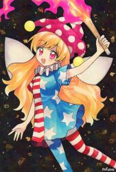 Rule 34 | 1girl, american flag, american flag dress, american flag legwear, american flag print, artist name, blue dress, blue thighhighs, clownpiece, commentary, dated, dress, fairy wings, flag print, hashtag-only commentary, hat, highres, holding, holding torch, jester cap, long hair, long sleeves, maa (forsythia1729), multicolored dress, open mouth, pantyhose, pink eyes, polka dot, polka dot headwear, purple hat, red dress, red thighhighs, smile, solo, star (symbol), star print, striped clothes, striped dress, striped pantyhose, thighhighs, torch, touhou, traditional media, twitter username, very long hair, watermark, white dress, white thighhighs, wings