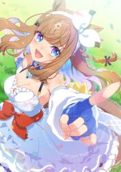 1girl :d almond_eye_(umamusume) animal_ears blue_eyes blue_gloves blue_hair bow braid breasts brown_hair cleavage cleavage_cutout clothing_cutout commentary_request confetti day detached_sleeves dress fingerless_gloves gloves grass hair_ornament hairclip horse_ears horse_girl horse_tail koruri long_hair long_sleeves looking_at_viewer medium_breasts multicolored_hair open_mouth outdoors outstretched_arm pointing pointing_at_viewer puffy_long_sleeves puffy_sleeves red_bow smile solo tail twitter_username two-tone_hair umamusume very_long_hair watermark white_dress white_sleeves