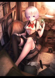 1girl aerokinesis ahoge asymmetrical_gloves asymmetrical_legwear barefoot black_thighhighs black_vest blurry book bookshelf bottle bow bowtie breasts broom buttons chair collared_shirt crystal depth_of_field female_focus gloves hair_between_eyes hat highres indoors ink inkwell letterboxed light looking_at_viewer magic magic_circle medium_breasts mismatched_gloves mismatched_legwear on_chair open_book original paper parted_lips pink_hair puffy_short_sleeves puffy_sleeves purple_eyes quill red_bow red_bowtie rerrere shirt short_hair short_sleeves shorts single_glove single_thighhigh smile solo thighhighs unworn_gloves unworn_hat unworn_headwear vest white_gloves white_shirt wind witch witch_hat